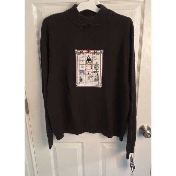 Vintage Christmas Sweater Lighthouse Womens Size XL NAUTICAL Holiday Black NWT - Picture 1 of 6